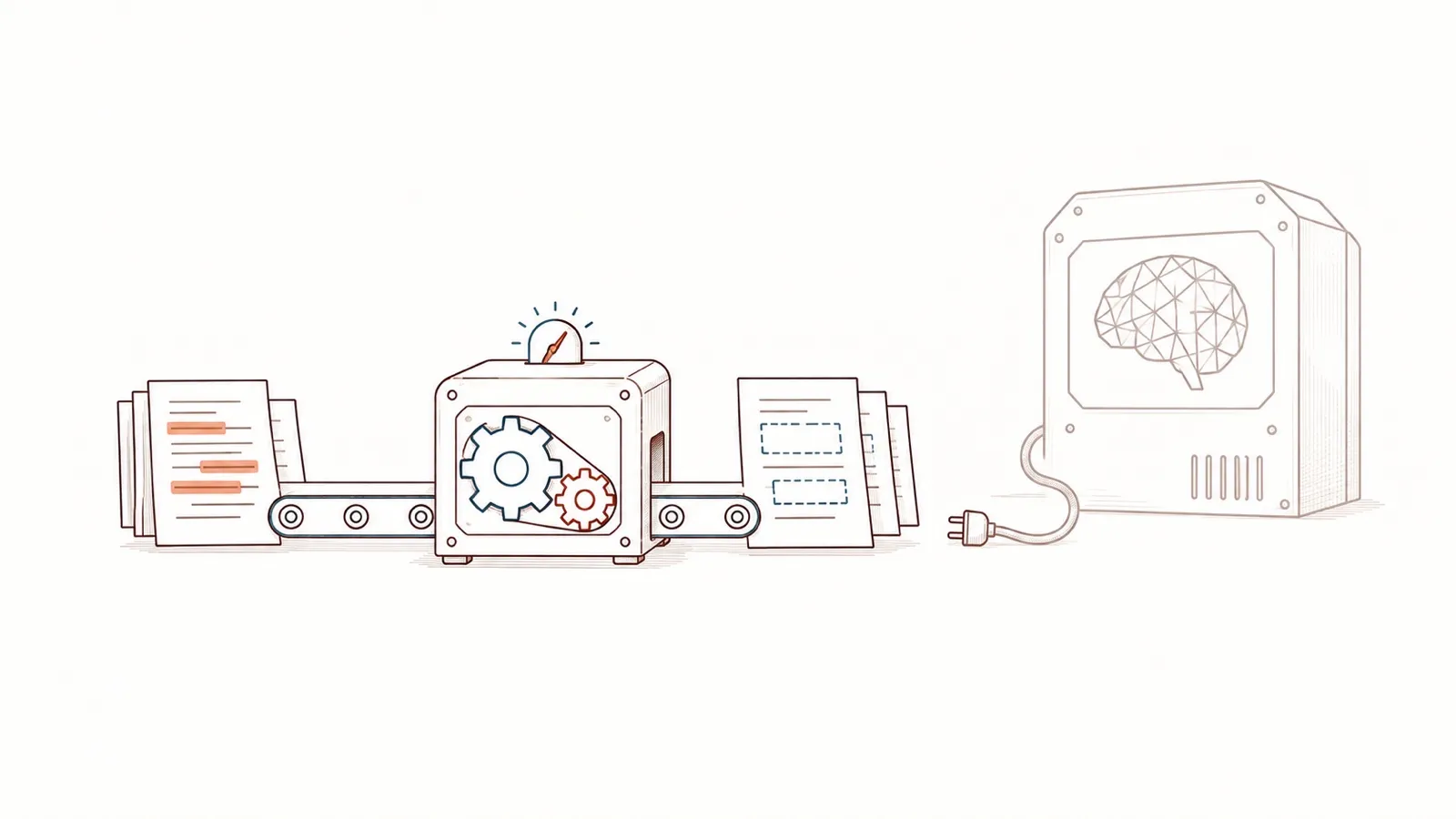 Line drawing: pages marked in orange ride a belt through a small machine of gears with a dial and come out with dashed boxes in place of the marks; beside it, a large machine showing a brain stands unplugged, its plug hanging.