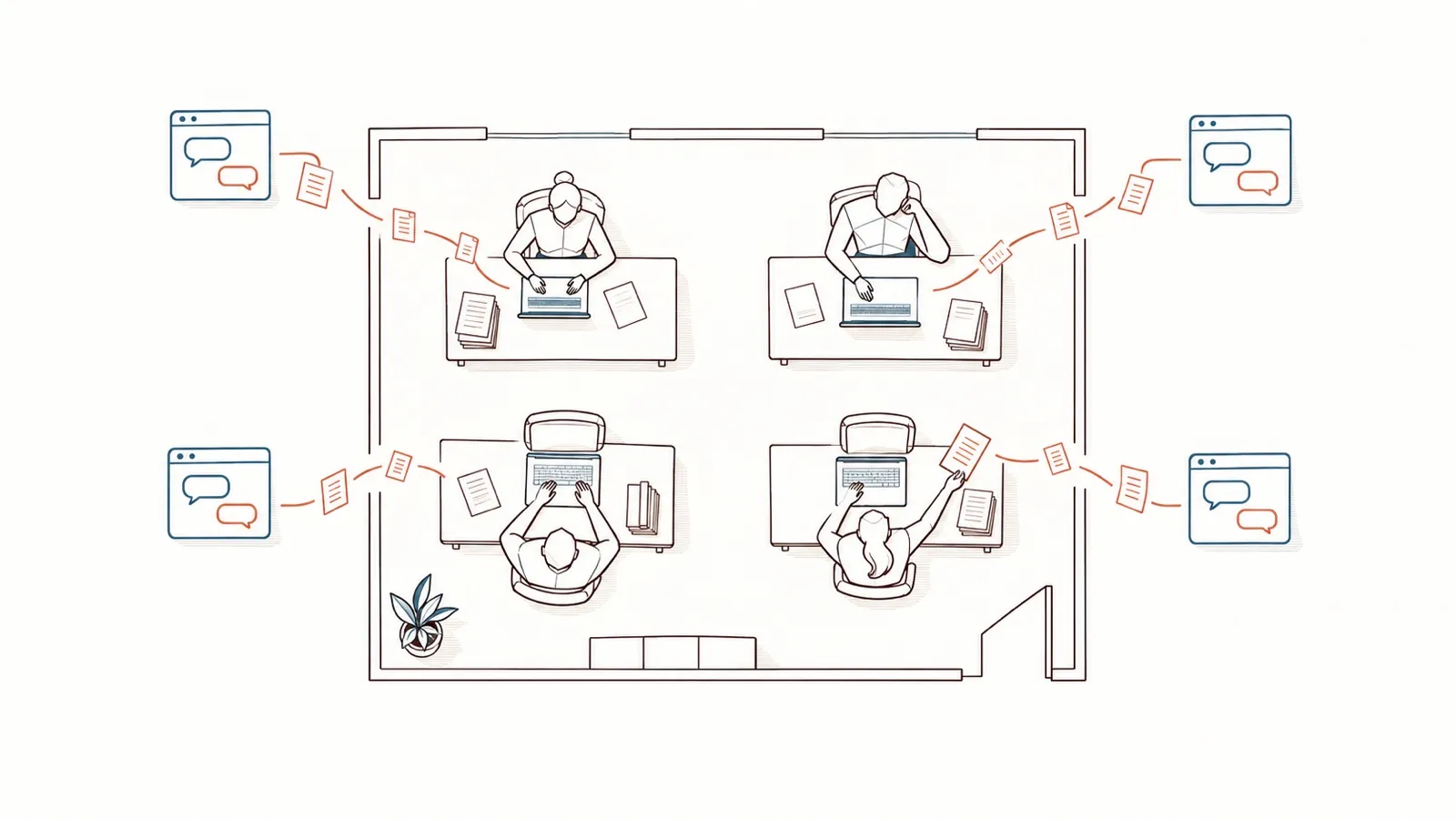 Line drawing seen from above: a department of four — two women and two men — each at a desk; from every desk a thin trail of orange pages runs out through the walls towards chat windows outside.
