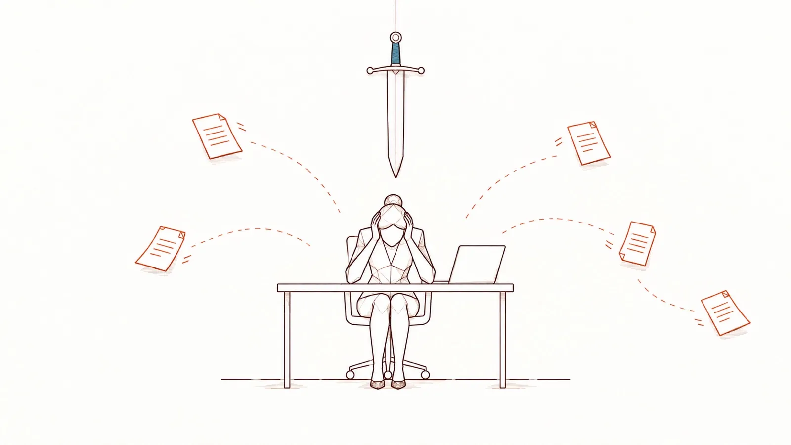 Line drawing: a data protection officer, a woman, sits at her desk with her head in her hands, under a sword hanging by a thread; around her, documents fly off beyond her reach.