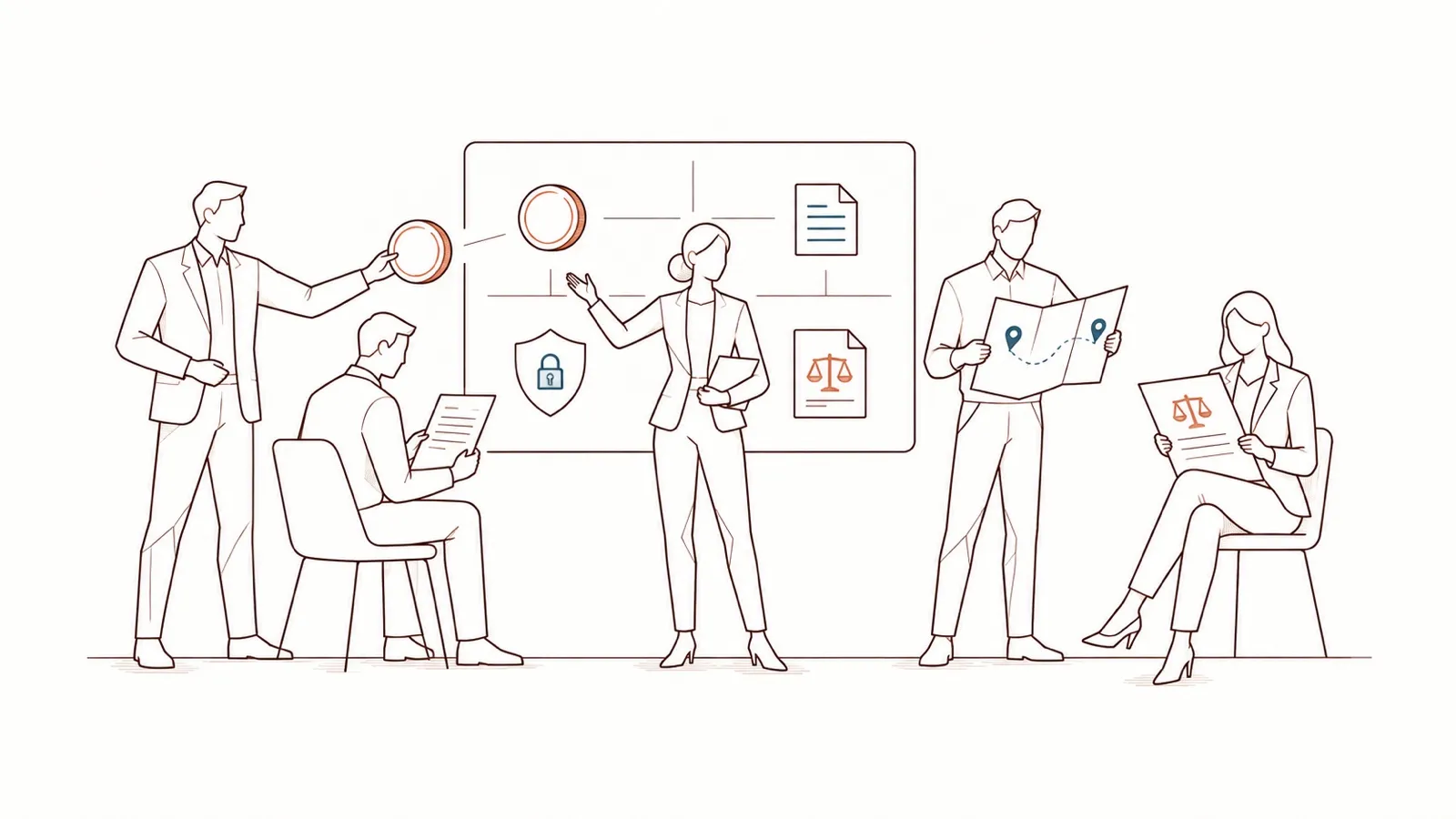 Line drawing: in front of a board linking a shield with a padlock, documents and a scale, a woman presents the frame; around her, four colleagues act — a man adds a piece to the board, another reads a sheet, a third follows a route on a map, a woman studies a document marked with a scale.