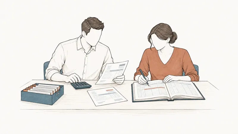 Line drawing: a man with a calculator and a woman writing in a ledger match invoices against the accounts.