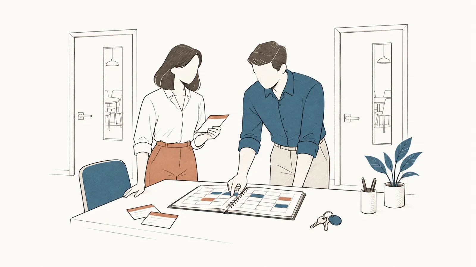 Line drawing: a woman holding a card and a man pointing at a room-booking planner, keys on the table.