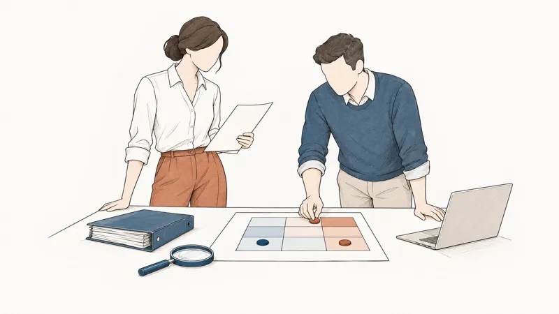 Line drawing: a man places a marker on a risk matrix; a woman reads a document, a binder and a magnifying glass on the table.