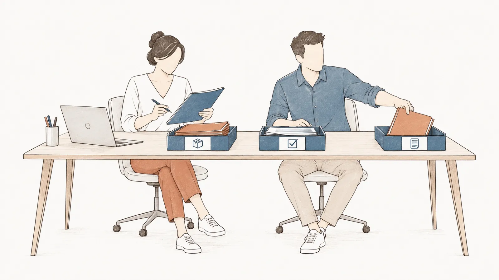 Line drawing: a woman and a man, seated side by side, move files through order, approval and invoice trays.