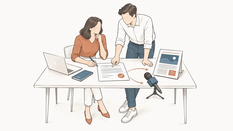 Line drawing: a woman annotates a press release; a man points out where it goes next — a microphone, a printed page.