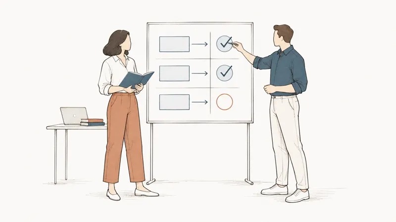 Line drawing: a man ticks requirements off a control matrix on a board; a woman follows in a binder.