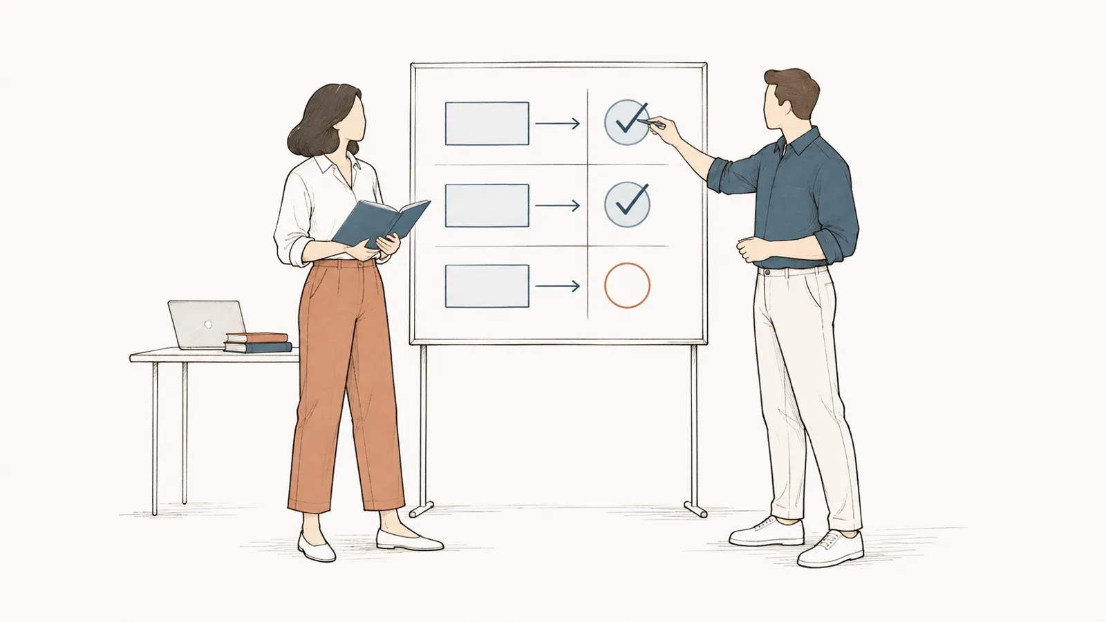 Line drawing: a man ticks requirements off a control matrix on a board; a woman follows in a binder.