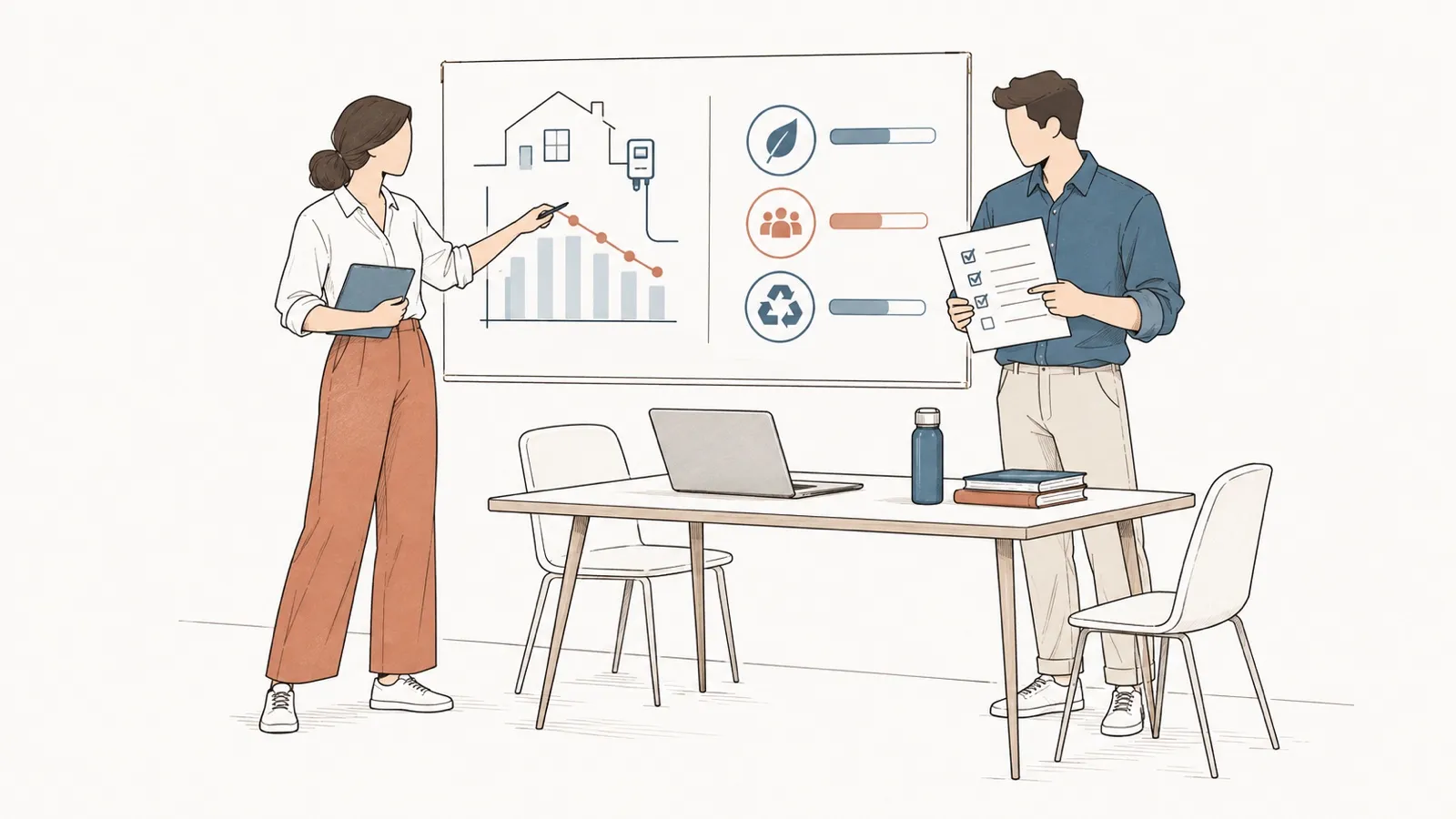 Line drawing: a woman points at energy and impact indicators on a board; a man holds a checklist.