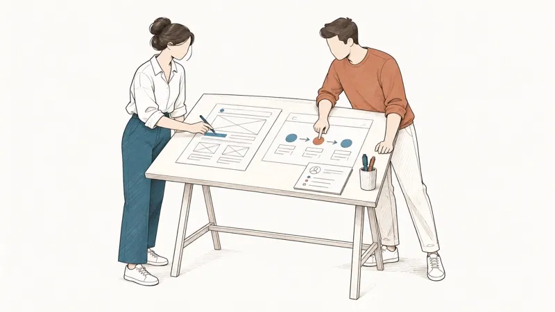 Line drawing: a woman and a man work on wireframes and a user journey laid on a drafting table.