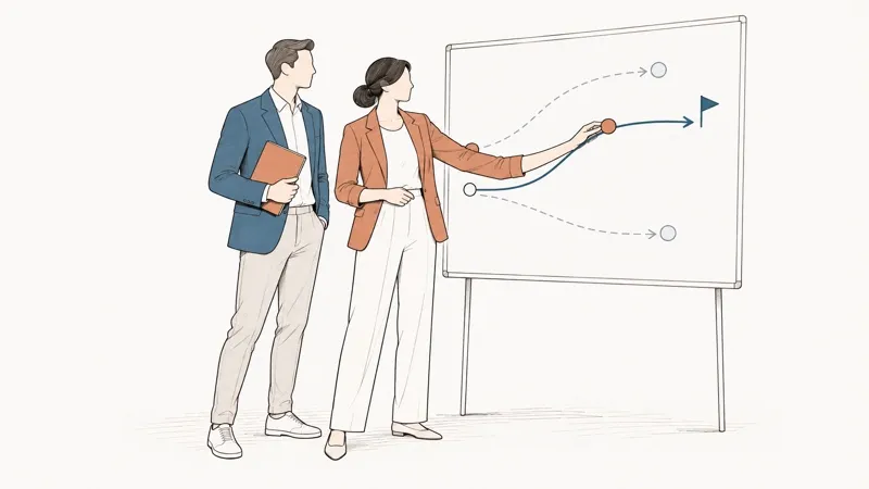 Line drawing: a woman points at the path chosen among three on a whiteboard; the man beside her holds a folder.