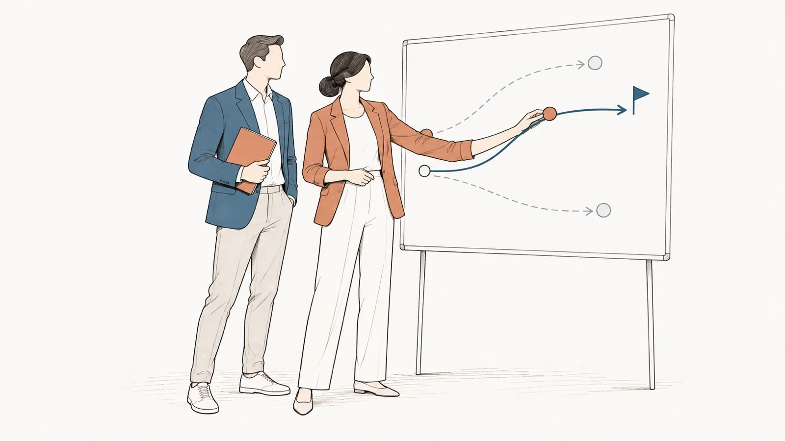 Line drawing: a woman points at the path chosen among three on a whiteboard; the man beside her holds a folder.
