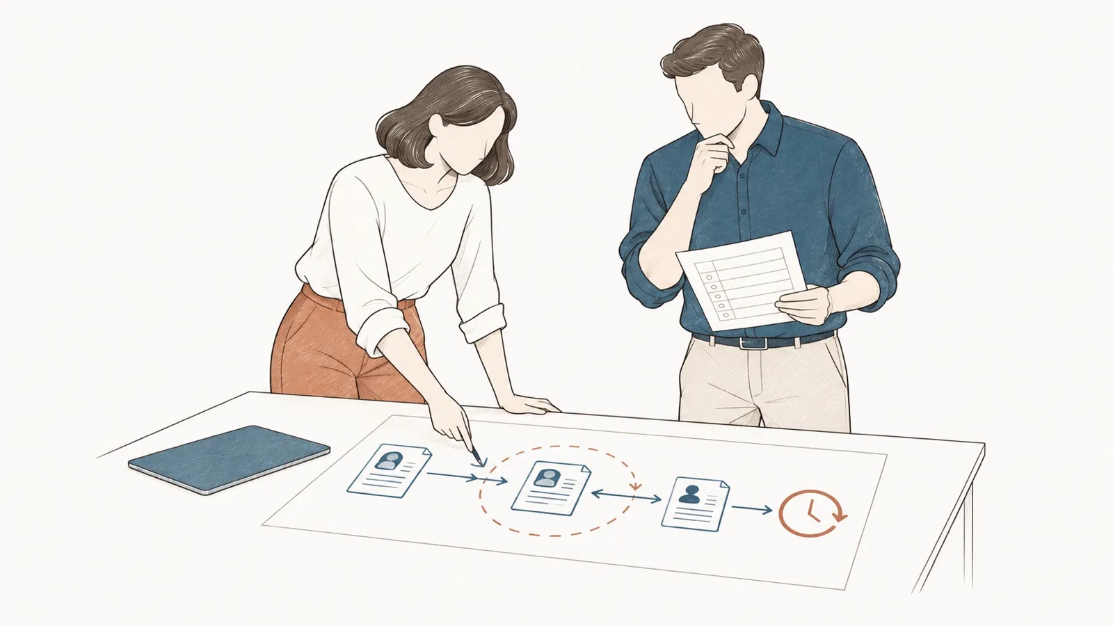 Line drawing: a woman traces a flow of personal data files on a map laid on a table; a man holds a printed list.