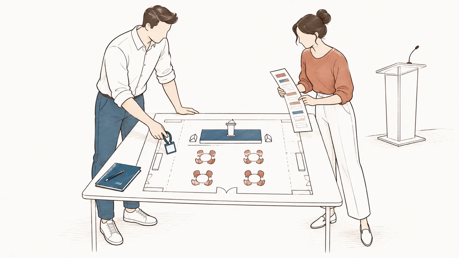 Line drawing: a man places a badge on a room plan with tables and a stage; a woman checks a running order.
