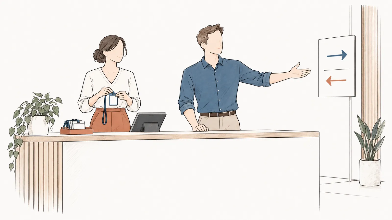Line drawing: at a reception desk, a woman prepares a badge while a man shows a visitor the way.