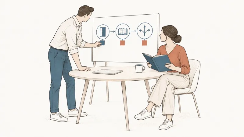 Line drawing: a man points at an employee’s path — arrival, training, mobility — on a board; a woman reads a book at the table.