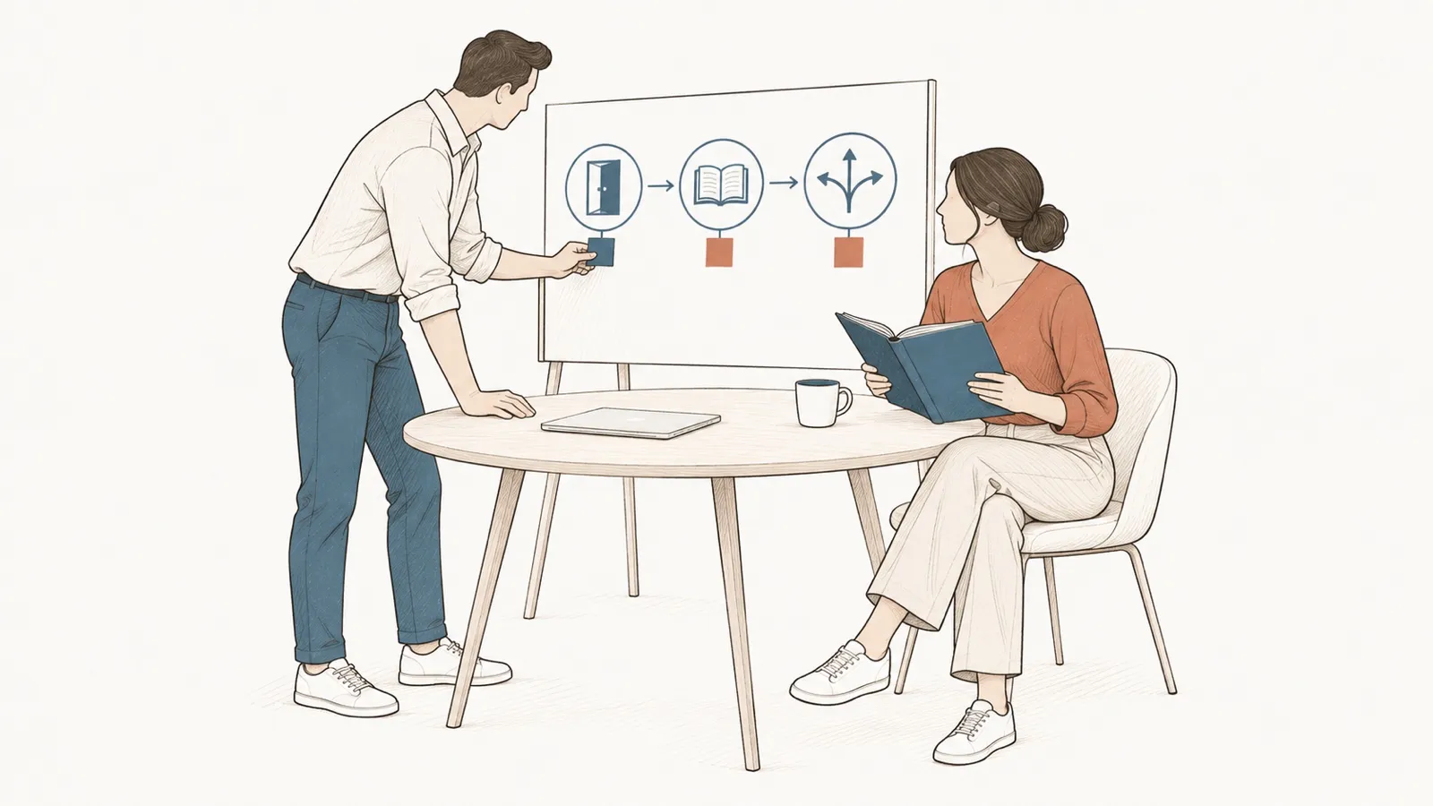 Line drawing: a man points at an employee’s path — arrival, training, mobility — on a board; a woman reads a book at the table.