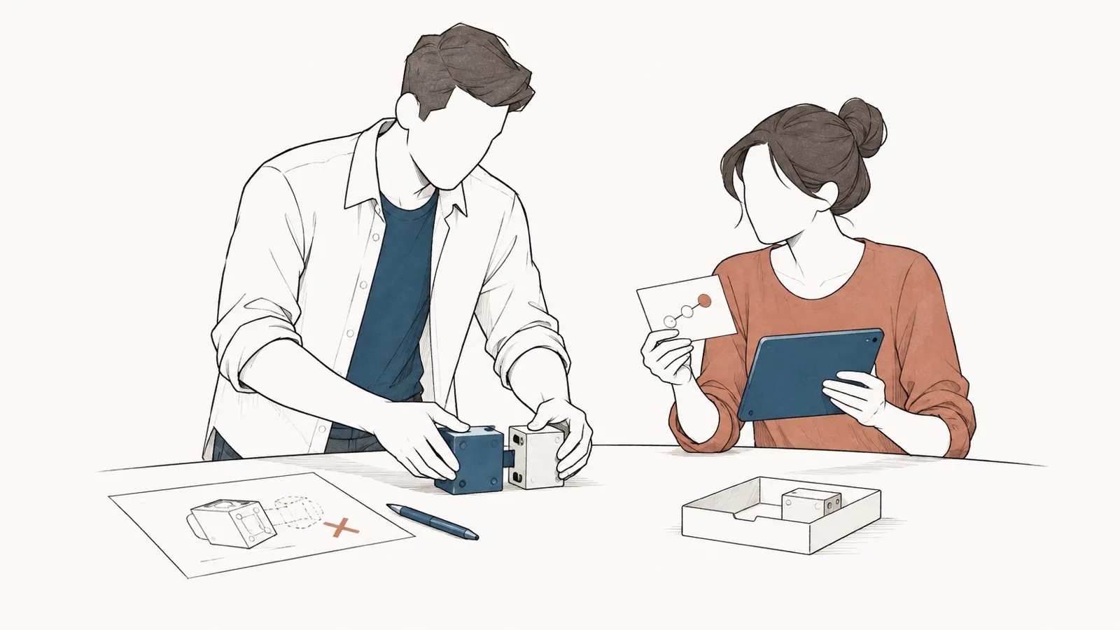 Line drawing: a man assembles a prototype from two blocks; a woman compares it with a sketch and a tablet.