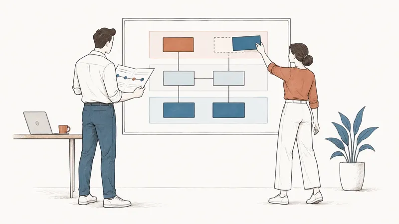Line drawing: a woman moves a block in an architecture diagram on a board; a man reads a printed roadmap.