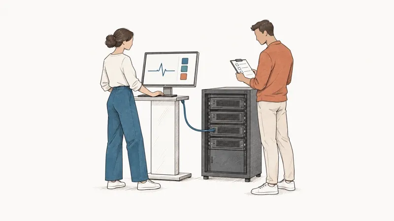 Line drawing: a woman watches a health signal on a screen; a man checks a procedure beside a server rack.