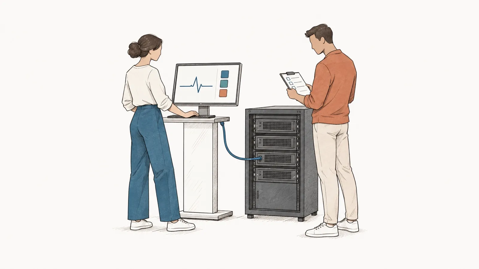 Line drawing: a woman watches a health signal on a screen; a man checks a procedure beside a server rack.