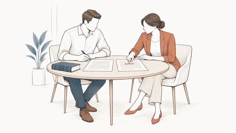 Line drawing: at a round table, a woman points out a highlighted clause in a contract to a man taking notes.
