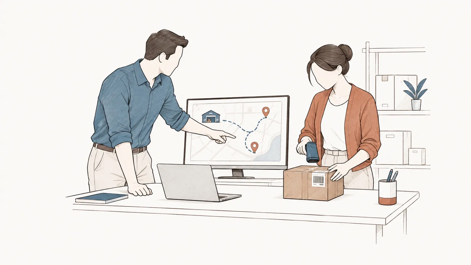 Line drawing: a man traces a delivery route on a screen; a woman scans a parcel’s label.