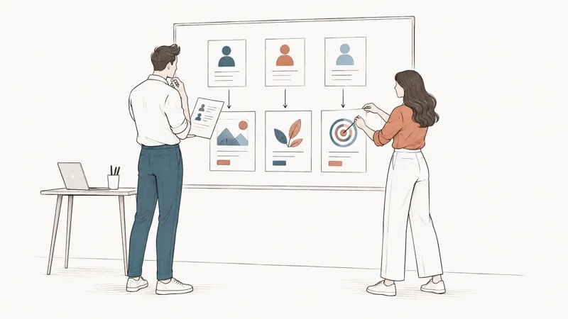 Line drawing: a man and a woman link audience profiles to campaign visuals pinned on a board.