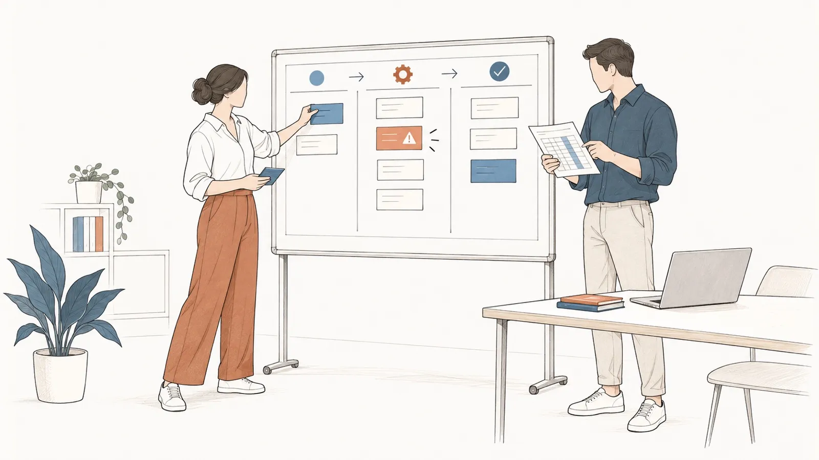 Line drawing: a woman flags an exception on a three-column task board; a man checks a printed table.