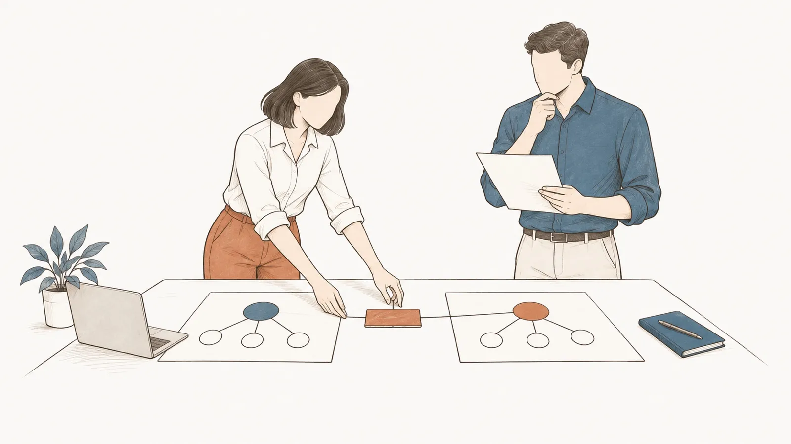 Line drawing: a woman links two organisation charts on a table with a shared card; a man reads a document, hand on his chin.