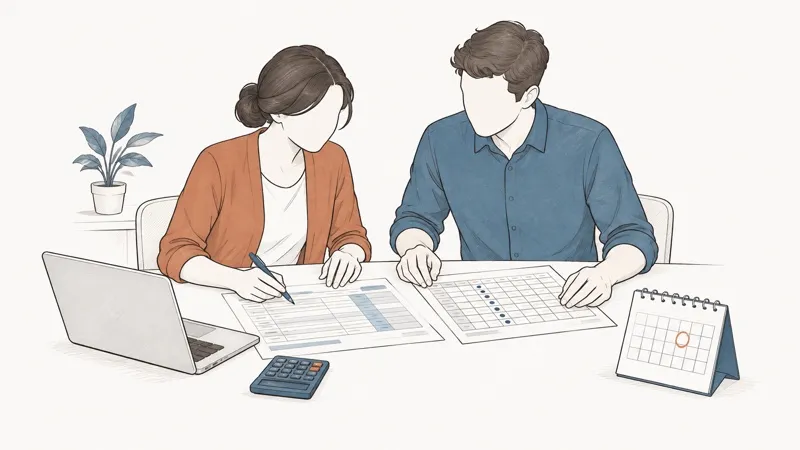 Line drawing: a woman and a man check pay figures on printed tables beside a calculator and a calendar.