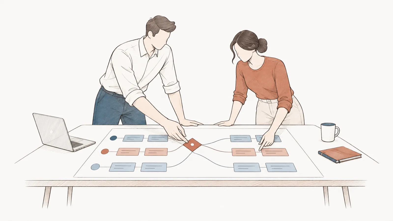 Line drawing: a man and a woman trace a shared dependency across three project lanes laid on a table.