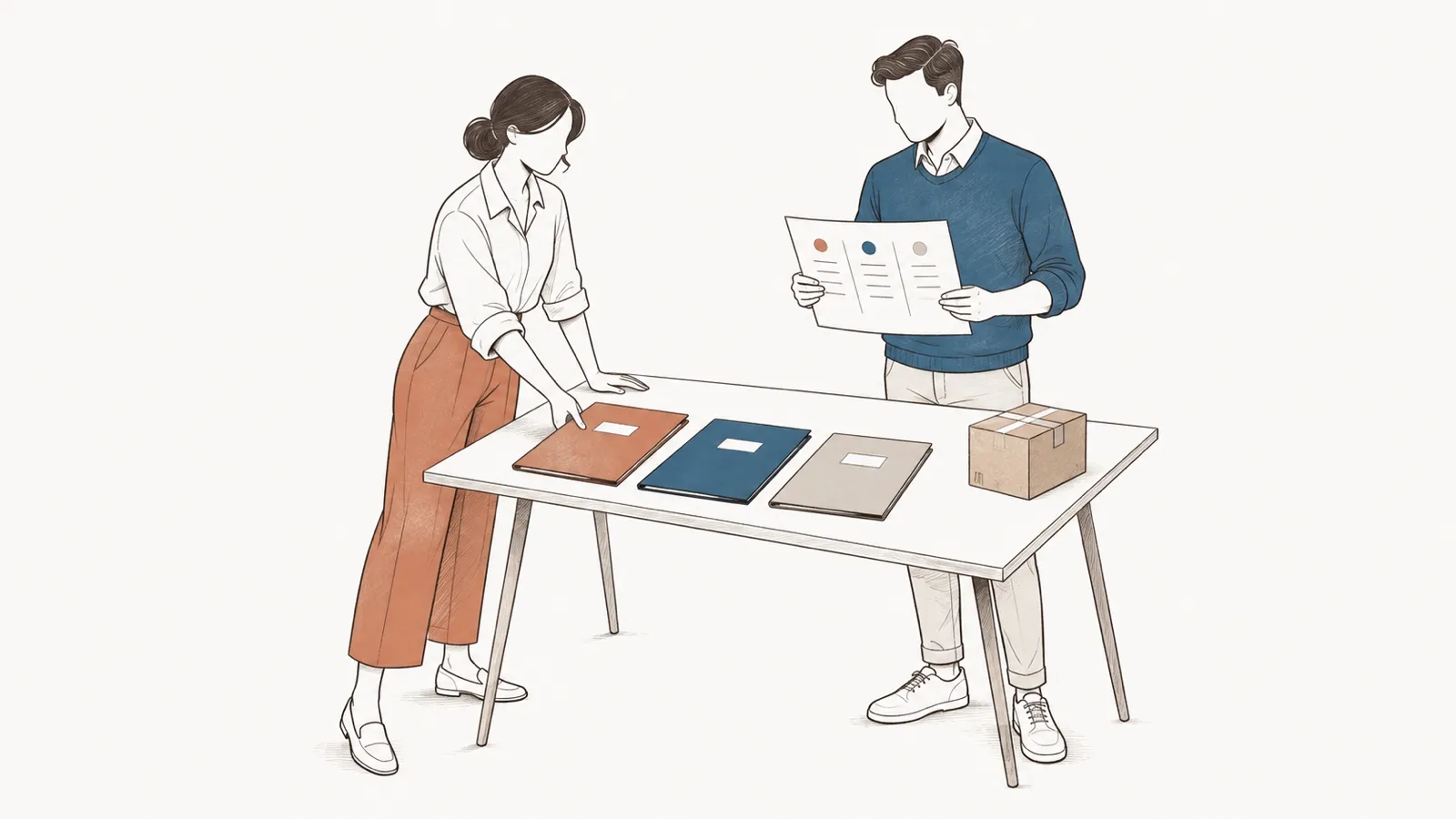 Line drawing: a woman and a man compare three supplier folders laid out on a table, a parcel beside them.