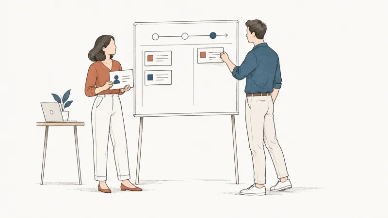 Line drawing: a man moves a card on a product roadmap board; a woman holds a user profile sheet.