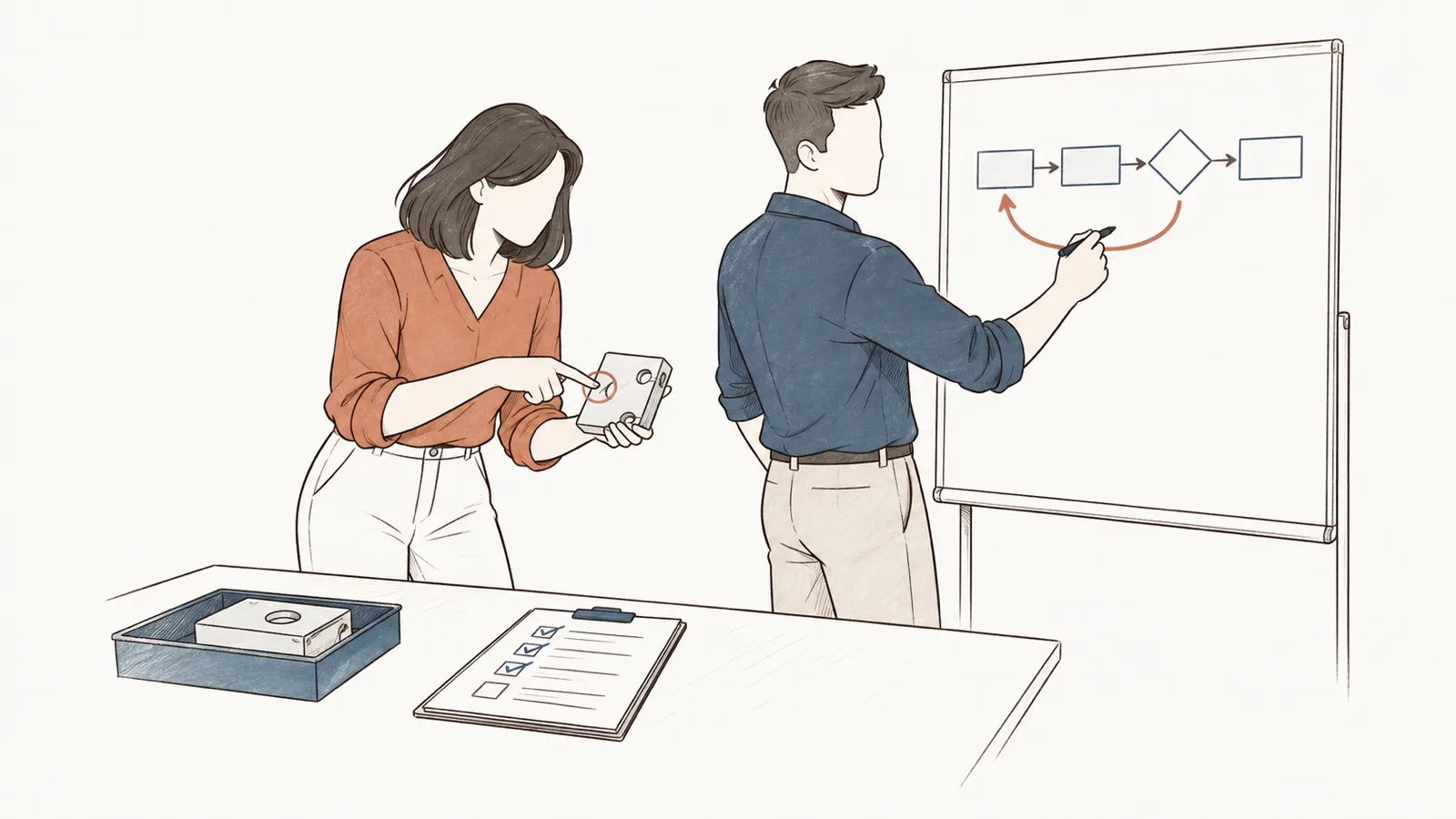 Line drawing: a woman points at a defect on a part; a man draws a corrective loop on a process diagram.