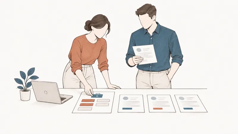 Line drawing: a woman and a man compare three CVs spread on a table with a job profile.