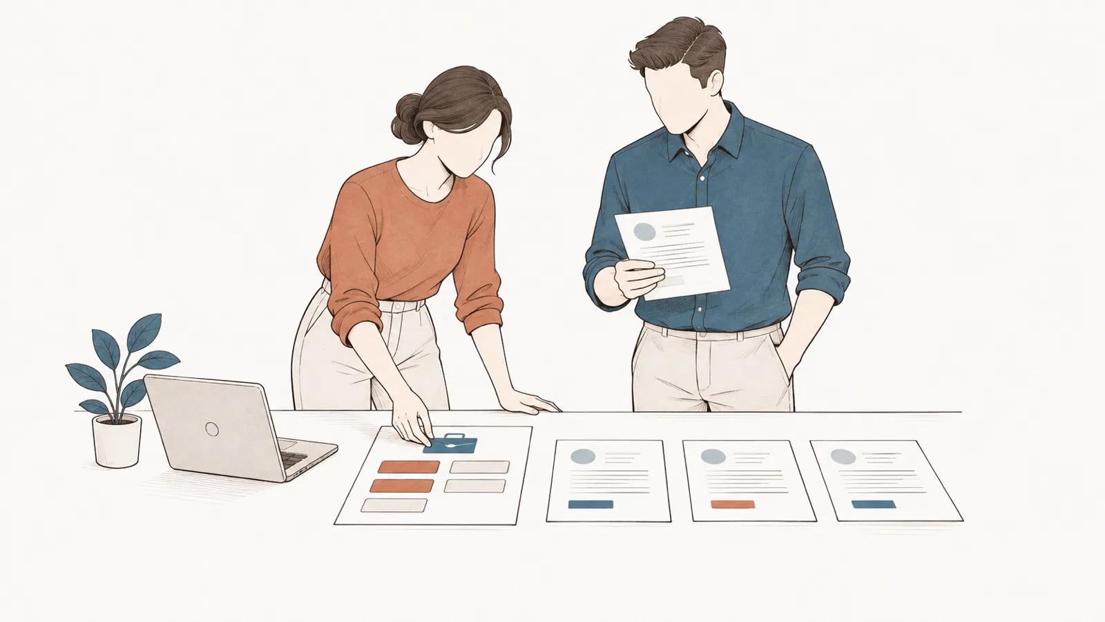 Line drawing: a woman and a man compare three CVs spread on a table with a job profile.
