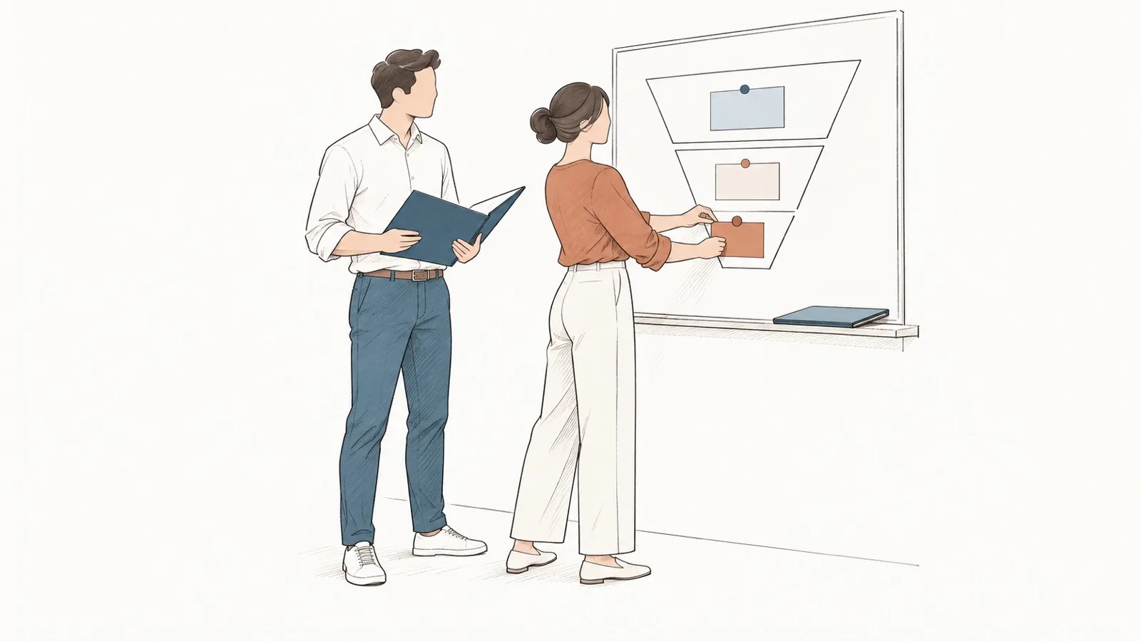 Line drawing: a woman pins a card onto a sales funnel drawn on a board; a man follows with an open folder.