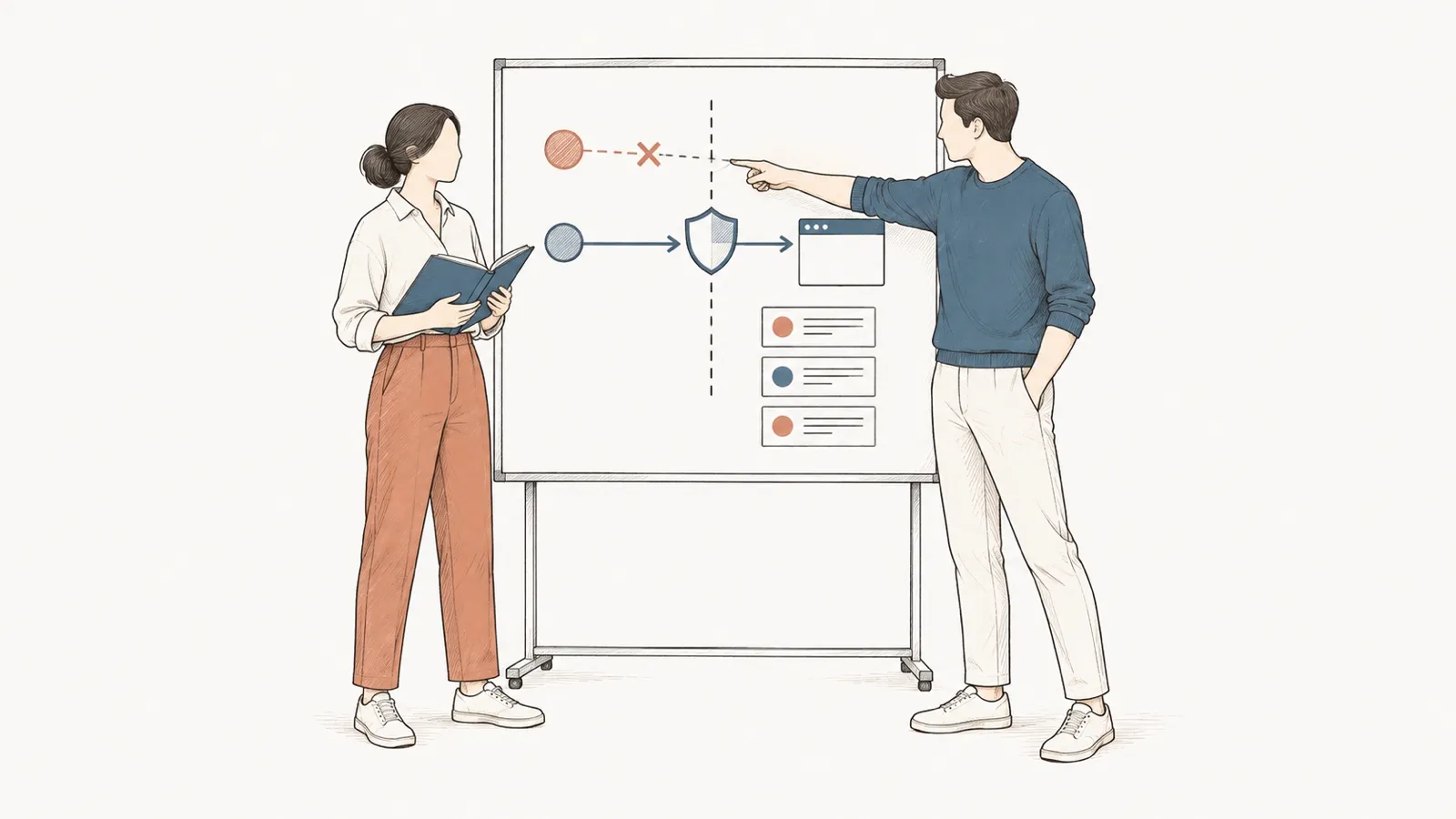 Line drawing: a man points at a blocked path in a network diagram on a board; a woman holds an open binder.