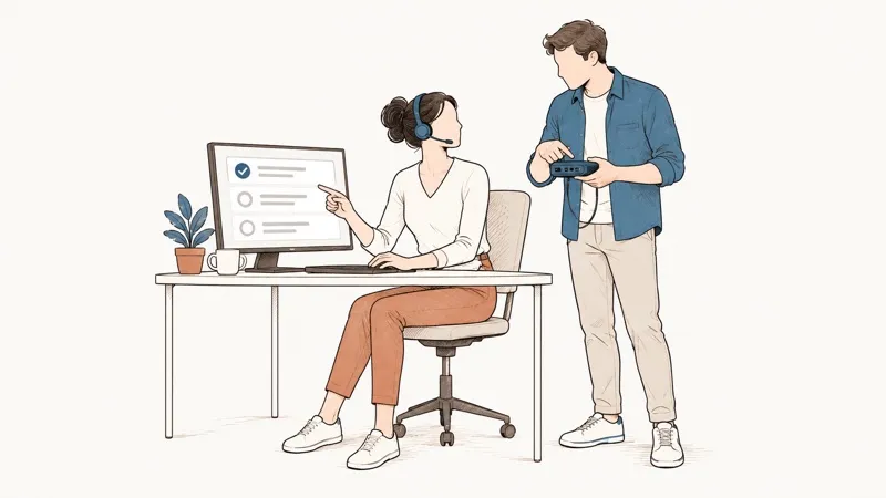Line drawing: a woman wearing a headset points at a ticket on her screen; a man beside her holds a network box.
