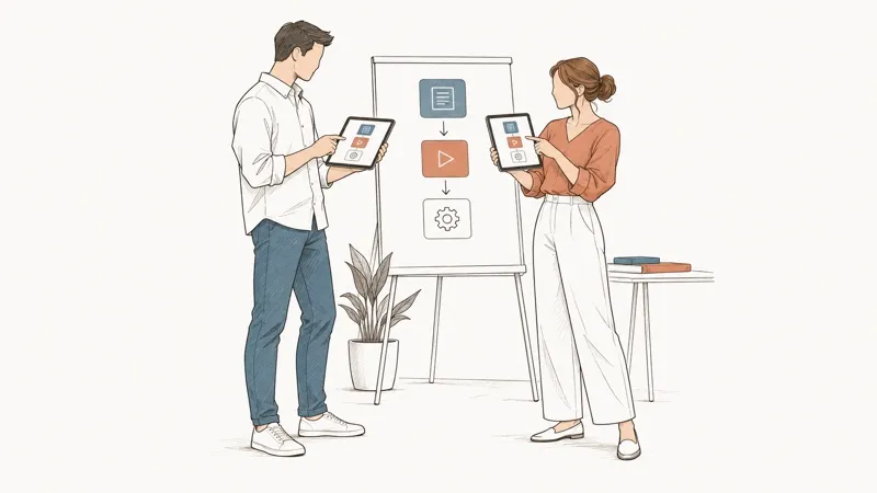 Line drawing: a man and a woman, each with a tablet, follow a learning path drawn on a flip chart.