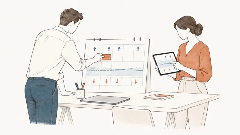 Line drawing: a man places a card on a calendar of incoming and outgoing payments; a woman checks a cash curve on a tablet.