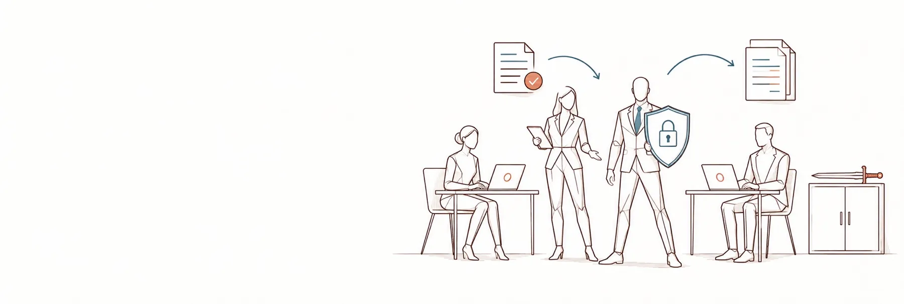Wide line drawing: a man holding a shield marked with a padlock stands upright among his colleagues — a woman with a tablet, a woman and a man at their laptops; documents follow clear arrows, and a sword lies set aside on a closed cabinet.