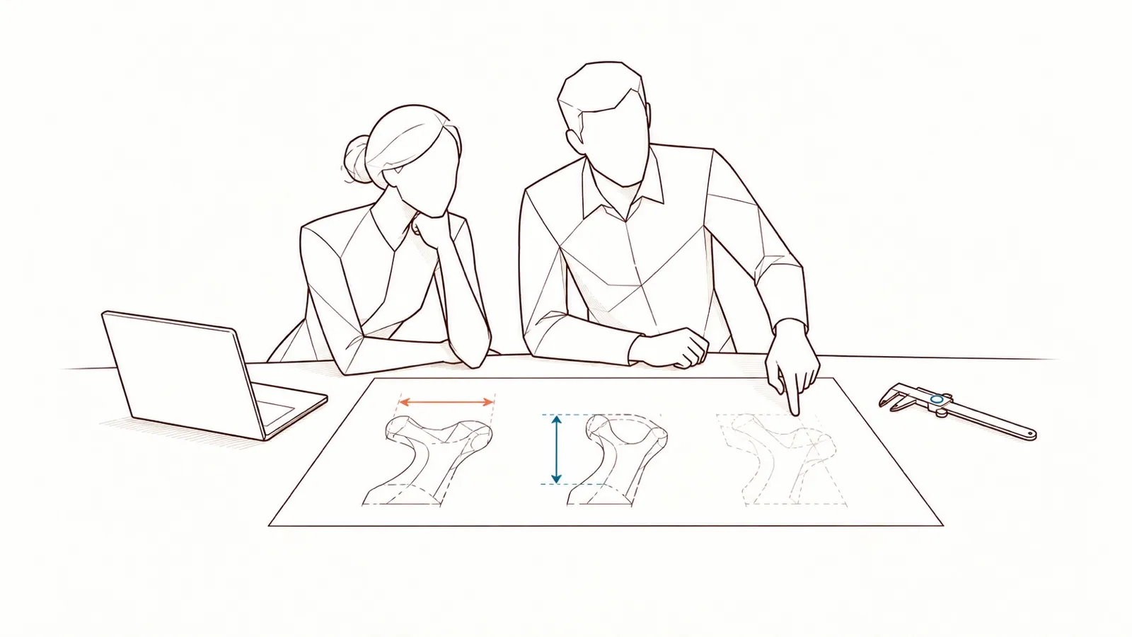 Line drawing: a woman and a man study three parts on a technical drawing; two carry measurement marks, and the man points at the third, which nothing has marked. A laptop and a caliper lie on the table.