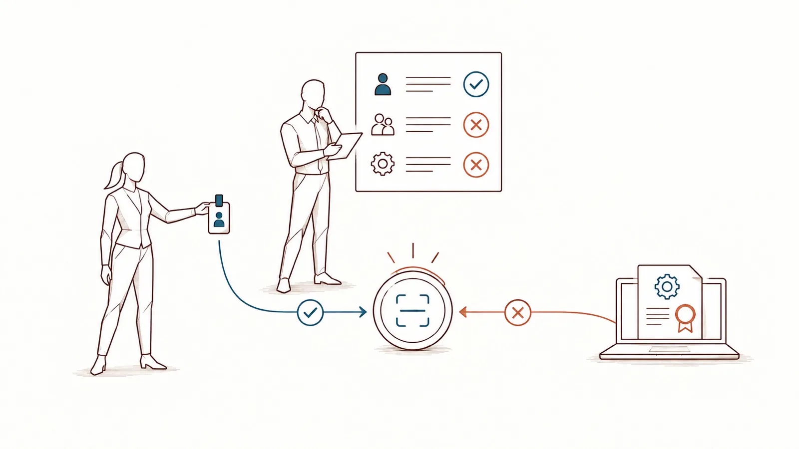 Line drawing: a woman holds out her badge and her request reaches the scanning service; from the other side, a laptop’s certificate is stopped. Beside them, a man studies the board of rights.