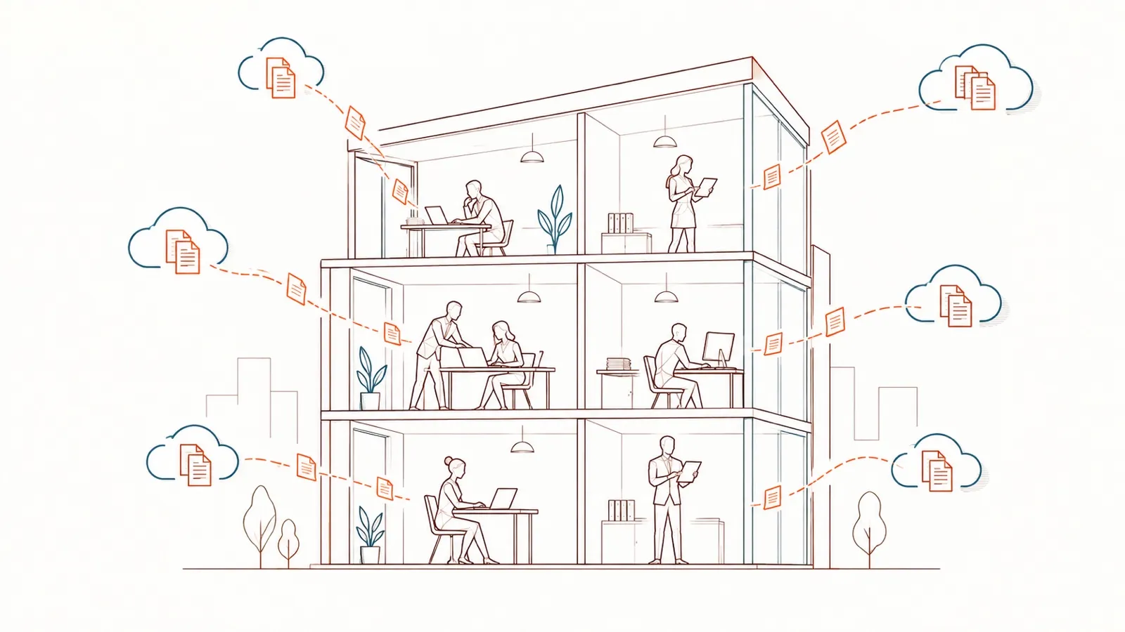 Line drawing: a cutaway of an office building on three floors, women and men in six work areas; from every floor, small trails of orange documents leave toward clouds outside — many small openings, no single breach.