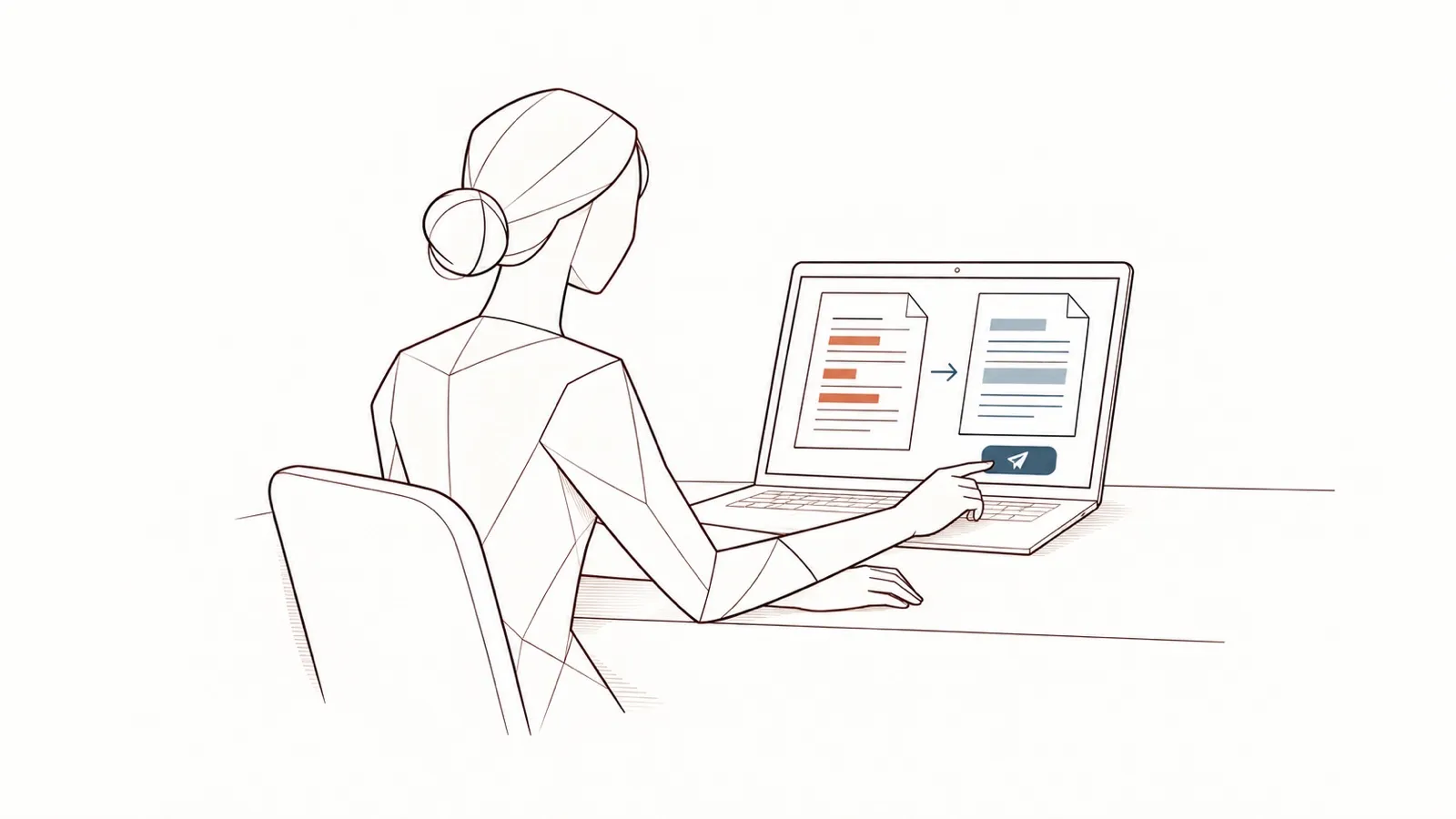 Line drawing: a woman at her laptop compares a document with three lines highlighted in orange and its revised version with neutral blocks; her finger reaches, unhurried, for the send button.